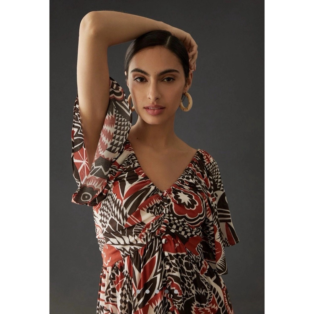 Anthropologie Tiered Maxi Dress Red‎ Black Multicolor Open Back Flowy size LG - Picture 4 of 15